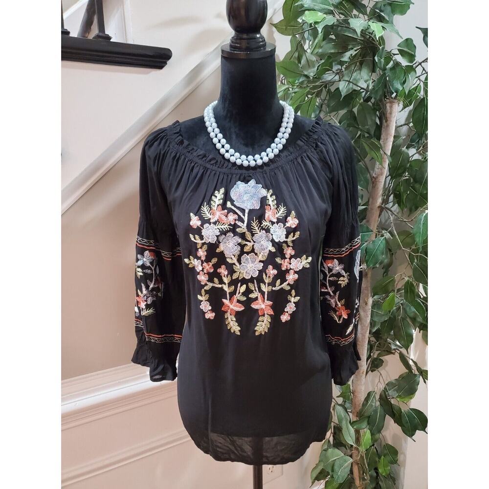 Grand & Greene Women Black Embroidered Floral Boat Neck Long Sleeve Top Blouse S